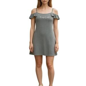 Bebe Gray Ribbed Knit Ruffle Strap Dress - Size S